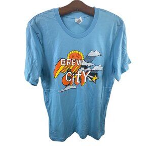 Brew City Graphic T-Shirt Size Medium Light Blue 100% Cotton Sun Design